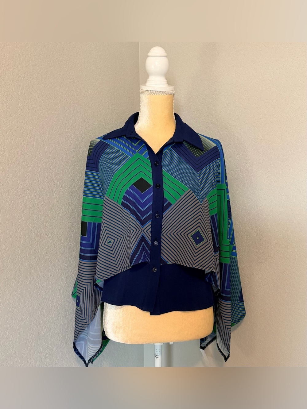 Liquorish Navy Geometric Print Button-Down Poncho Layered Blouse - Medium